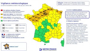 la carte des prévisions météo du 22 decembre 2010 : neige et verglas. niveau d'alerte orange