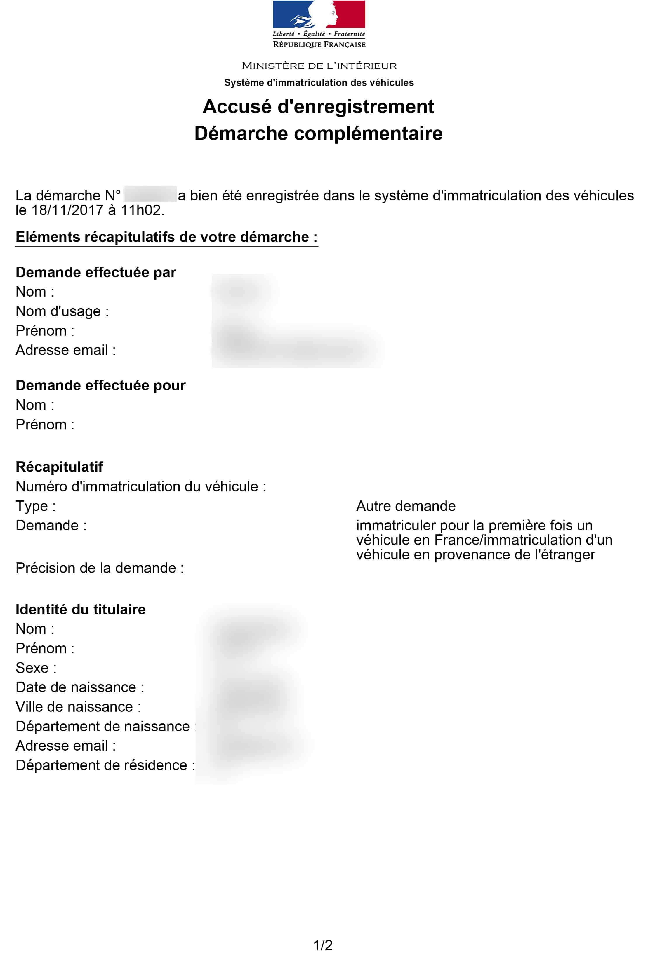 Accuse enregistrement carte grise en ligne